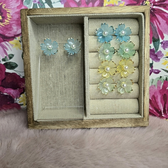 Blue and Gold Floral Earrings - Picture 4 of 4
